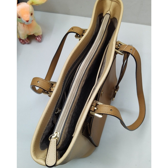 Michael Kors Jet Set Beige Leather Double Handles Tote Shoulder Bag - Picture 10 of 16